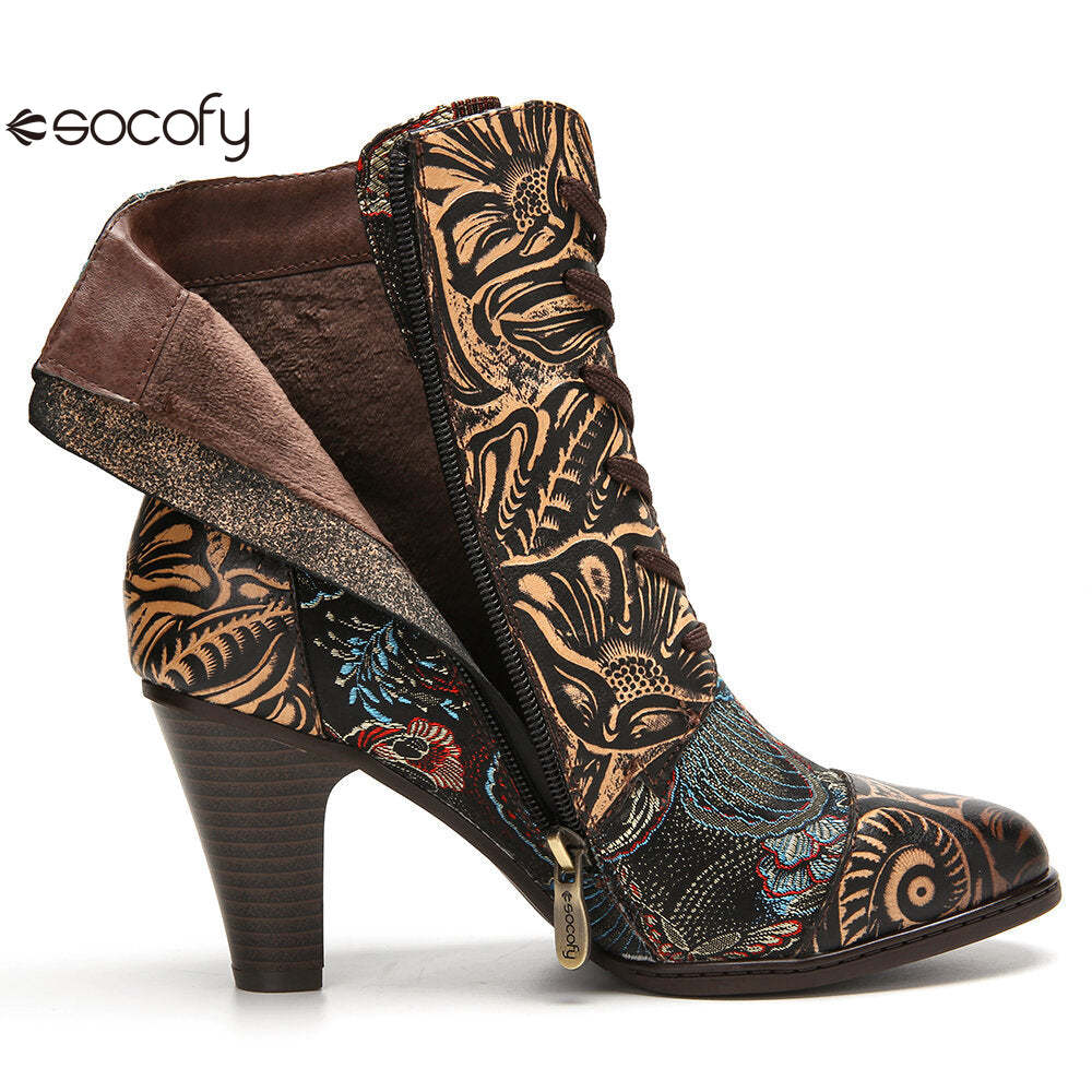 Socofy Vintage Pointed Embroidered Flowers Women's Fashion Boots