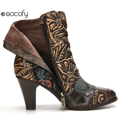 Socofy Vintage Pointed Embroidered Flowers Women's Fashion Boots