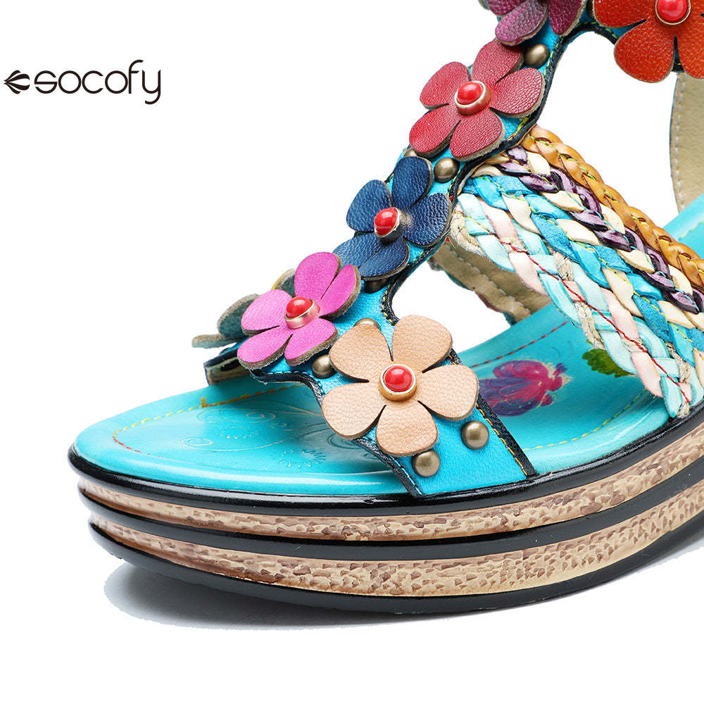 Socofy summer genuine leather bohemian style comfortable wedge sandals for women