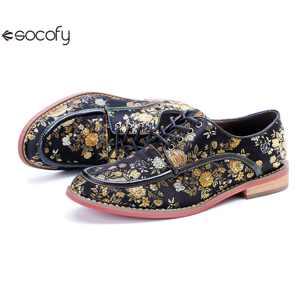 Socofy Genuine Leather Retro Flat Print Casual Lace-up Loafers Shoes