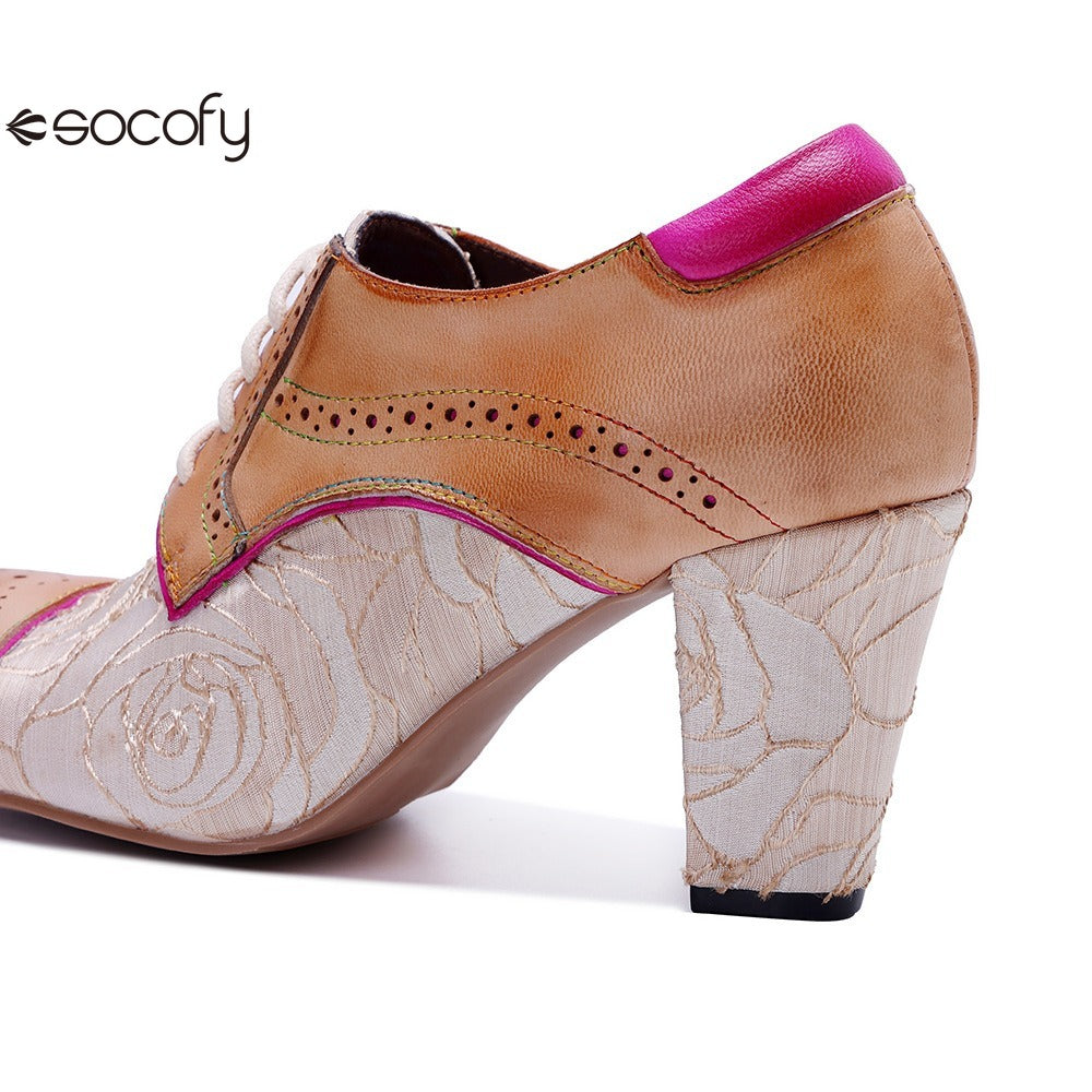 Socofy Genuine leather vintage splicing rose fashion lace-up high heels shoes