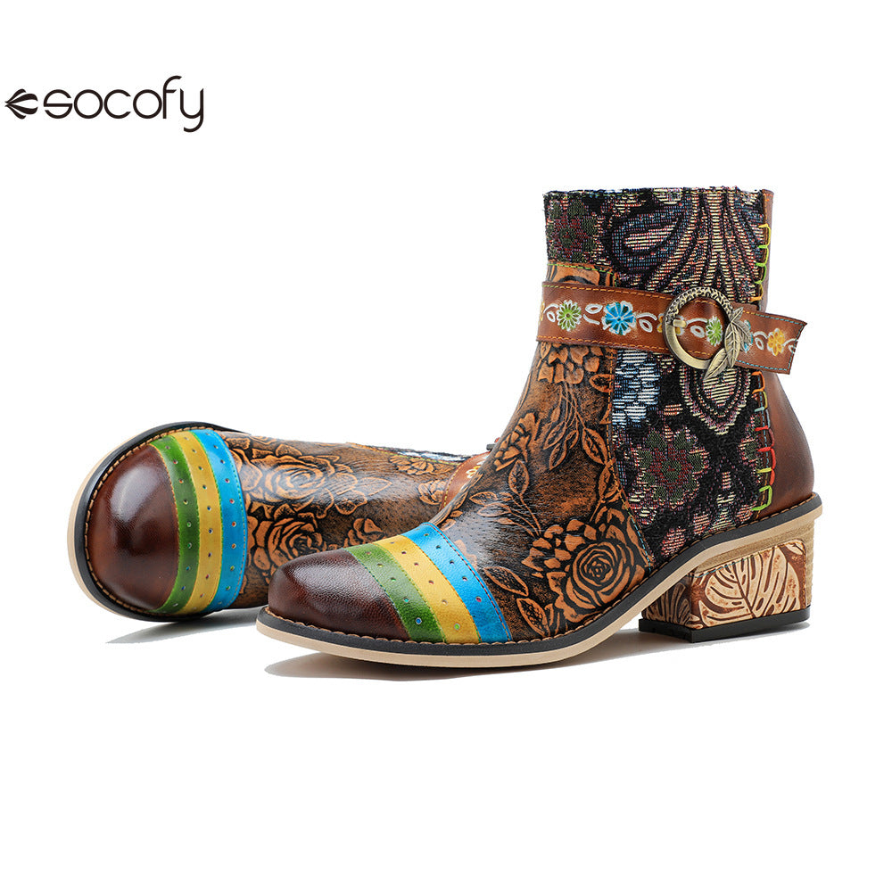 Socofy Vicconfy Genuine Leather Floral Vintage Casual Comfort Ankle Boots