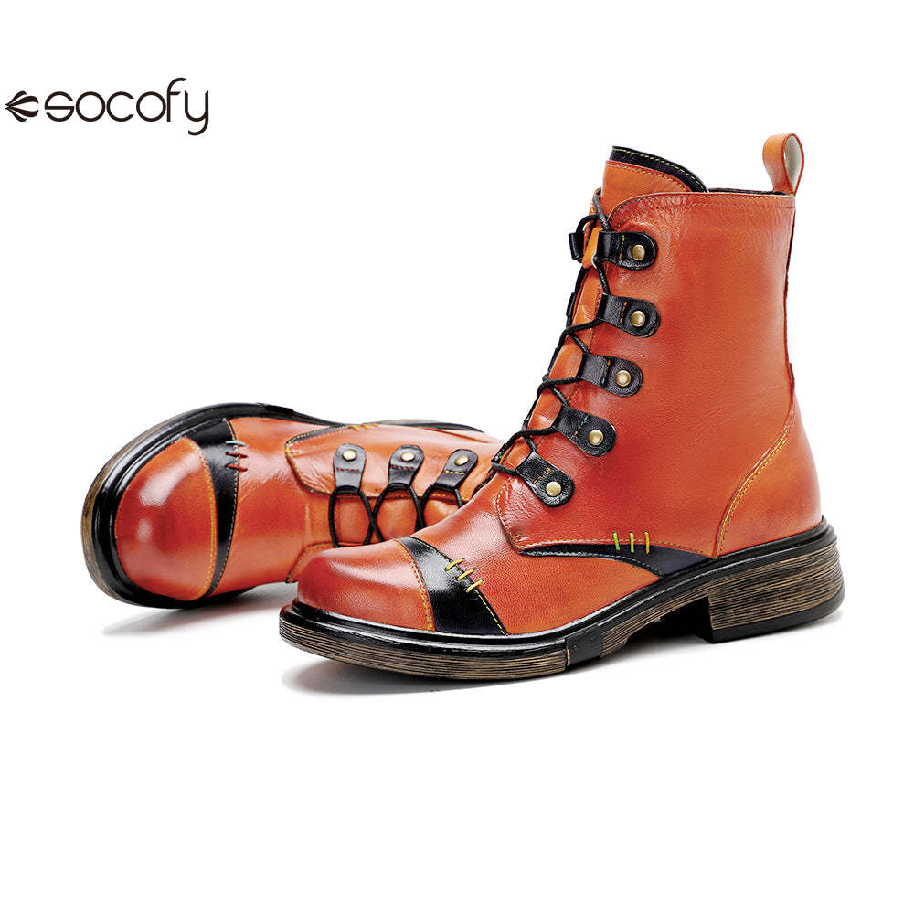 Socofy Vicconfy Leather Handmade Color Clash Retro Fashion Martin Boots Women's Boots