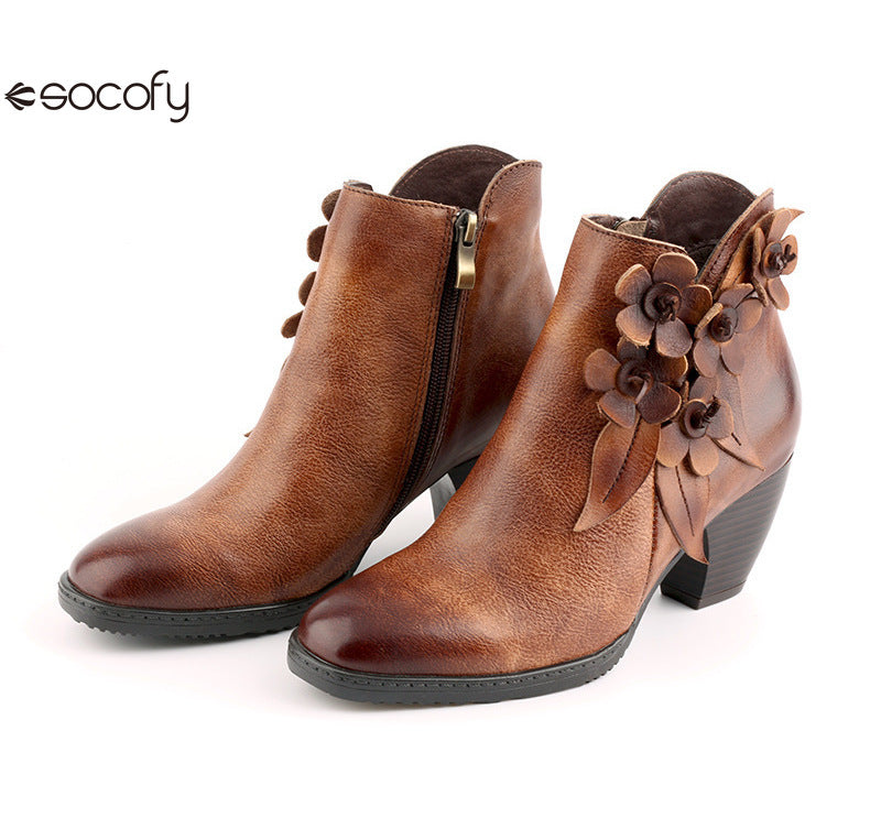 Socofy Genuine Leather Handmade Square Toe Vintage Handmade Flower Boots Woman