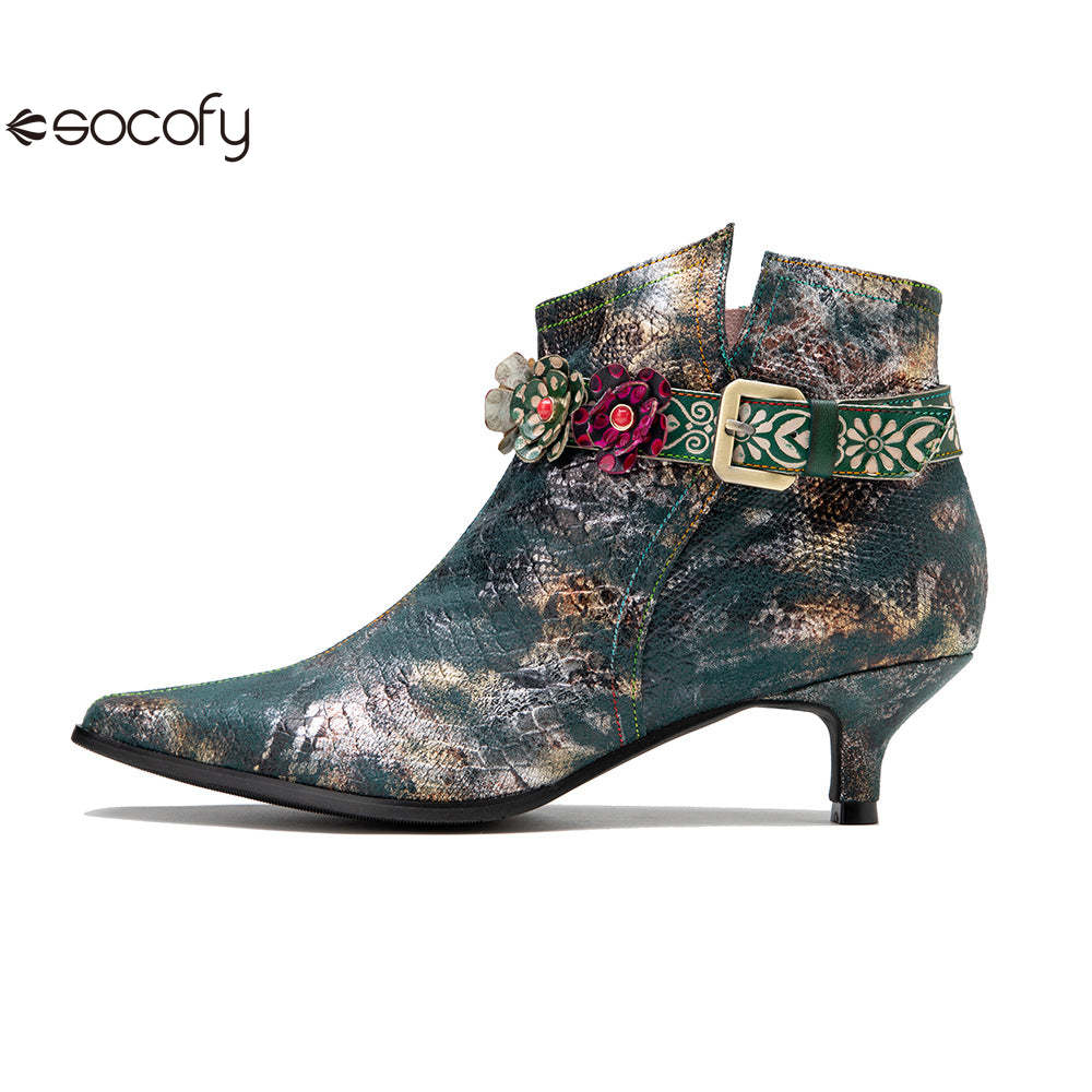 Socofy Retro British style metal texture low heel women's short boots