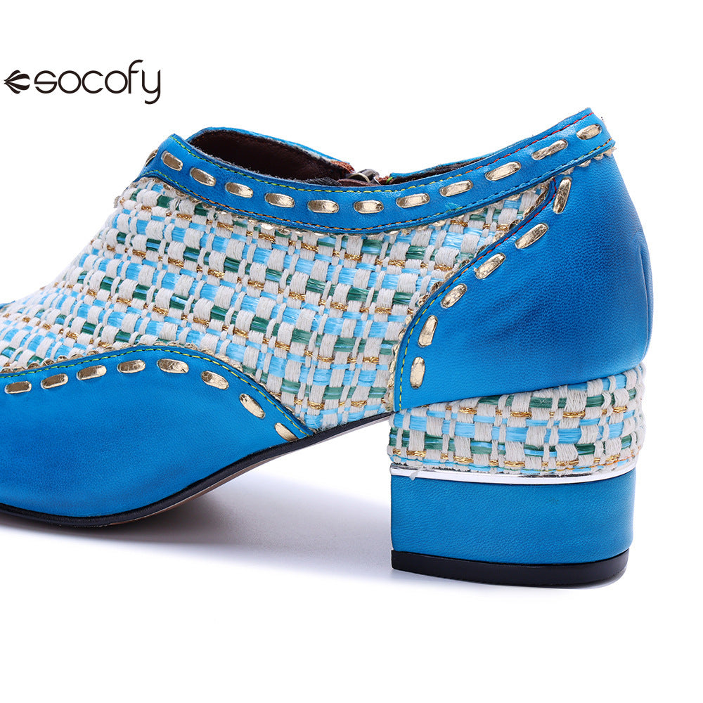 Socofy Genuine Leather Vintage Boho Woven Side Zipper Pumps