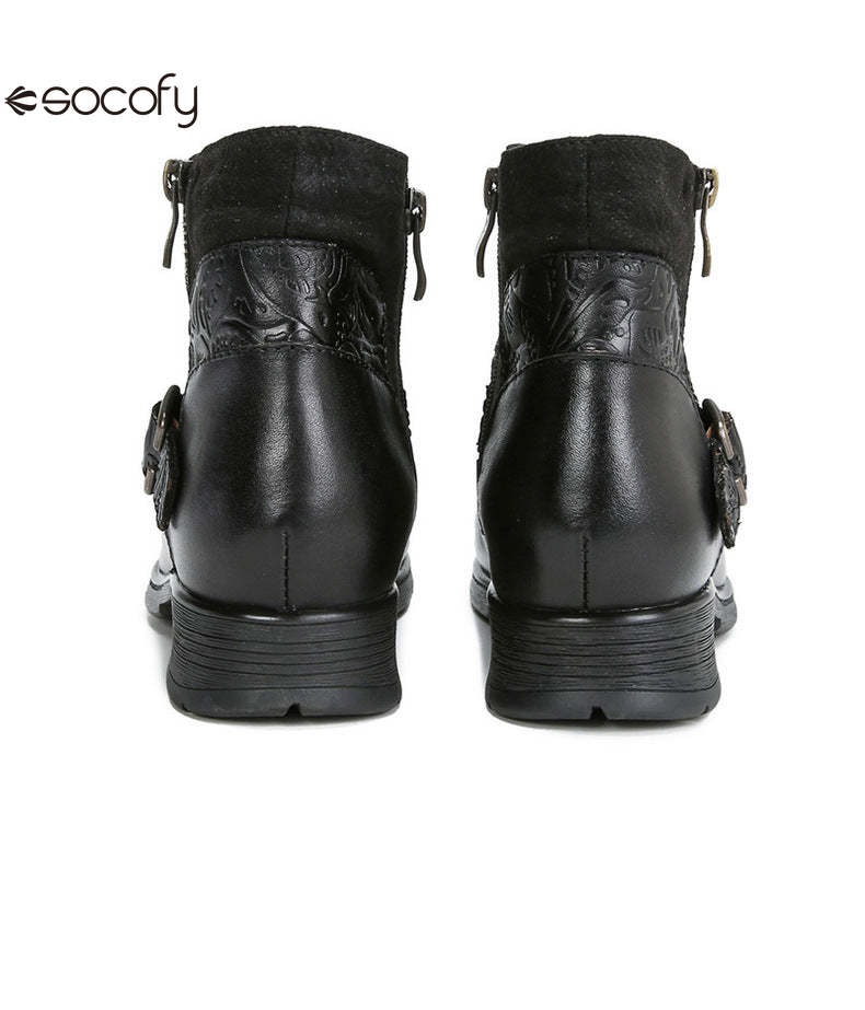 Socofy Vicconfy Women's Round Toe Cowhide Ethnic Leather Boots Fashion Boots