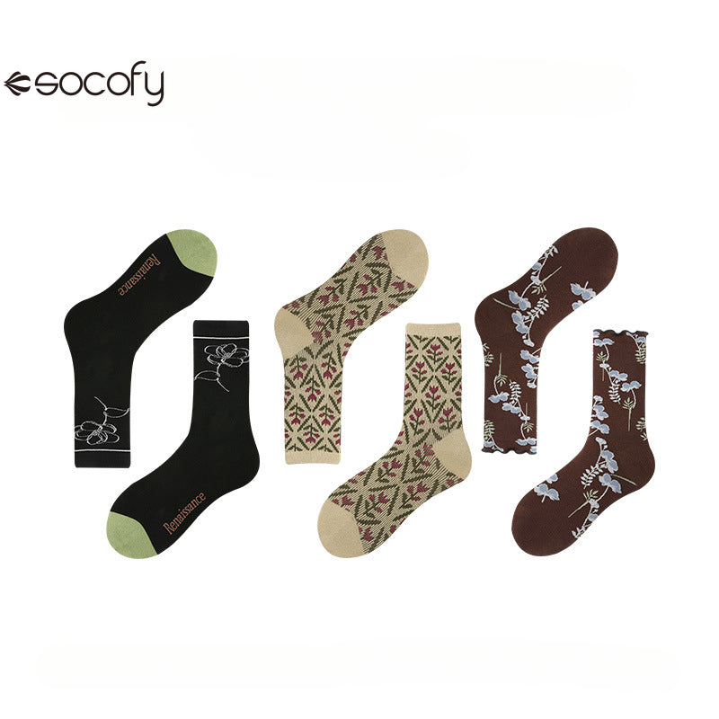 Socofy Vintage mid-calf socks for women combed cotton fashion socks