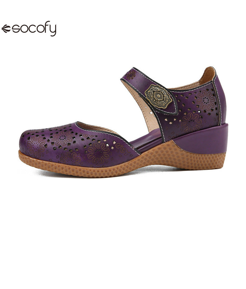 Socofy Genuine leather romantic three-dimensional flowers hollowed out sandals