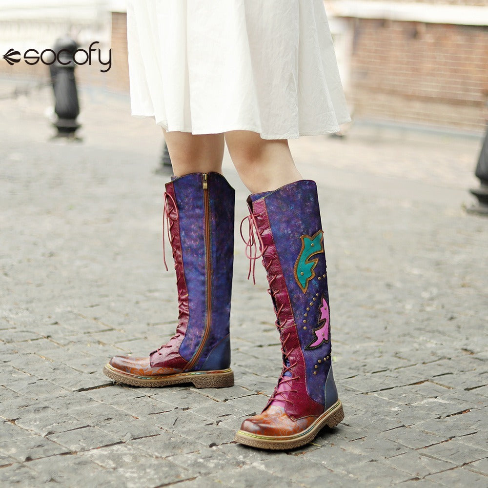 Socofy Vicconfy Locomotive Texture Dark Flower Women's Boots Flat Women's Boots