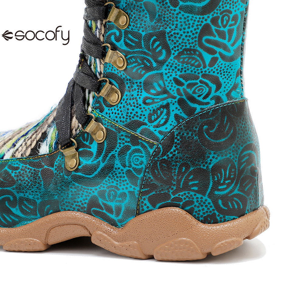 Socofy Genuine Leather Vintage Printed Wool Lace Up Comfortable Flat High Boots