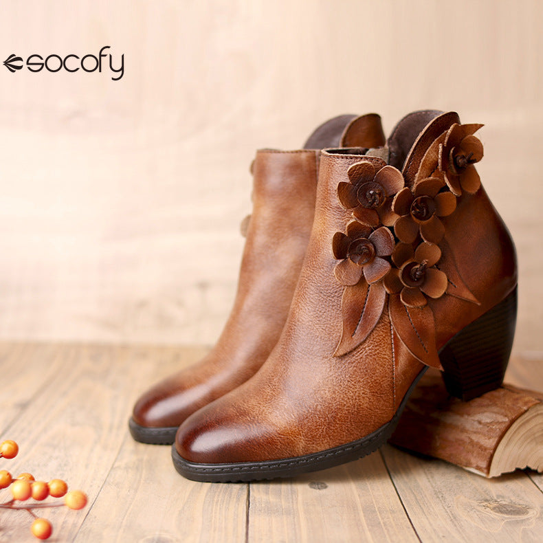 Socofy Genuine Leather Handmade Square Toe Vintage Handmade Flower Boots Woman