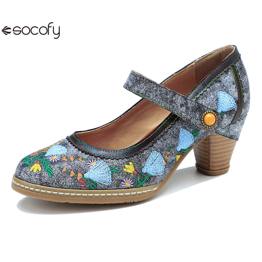 Socofy Spring and summer new retro embroidery Mary Jane thick heeled comfortable high heels