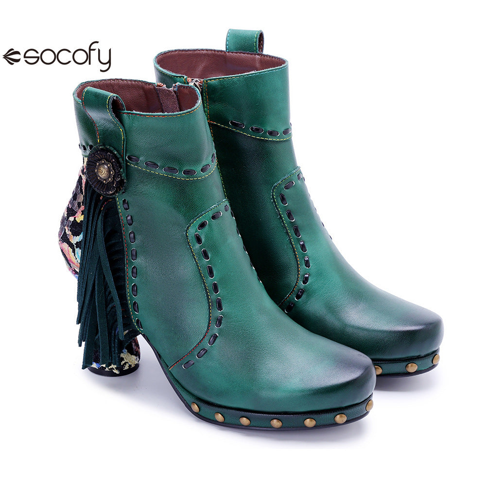 Socofy Vicconfy Retro Handmade Side Fringe Ankle Boots