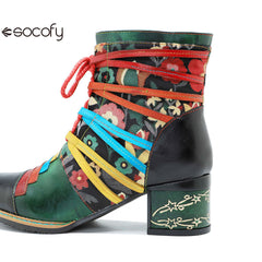 Socofy Vicconfy Handmade Genuine Leather Printed Patchwork Colorful Strappy Chunky Heel Women's Boots