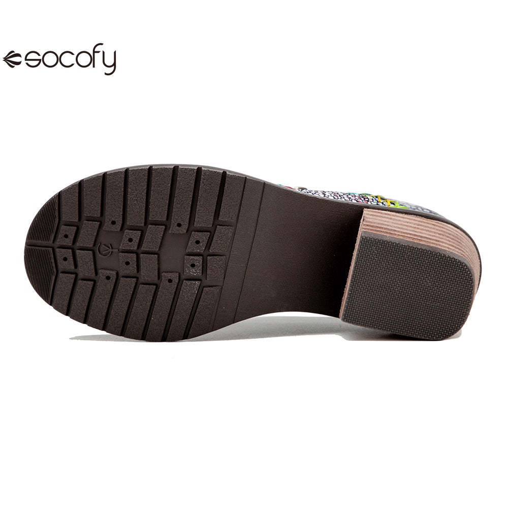 Socofy spring leather zipper Deco Chunky Heels women's shoes