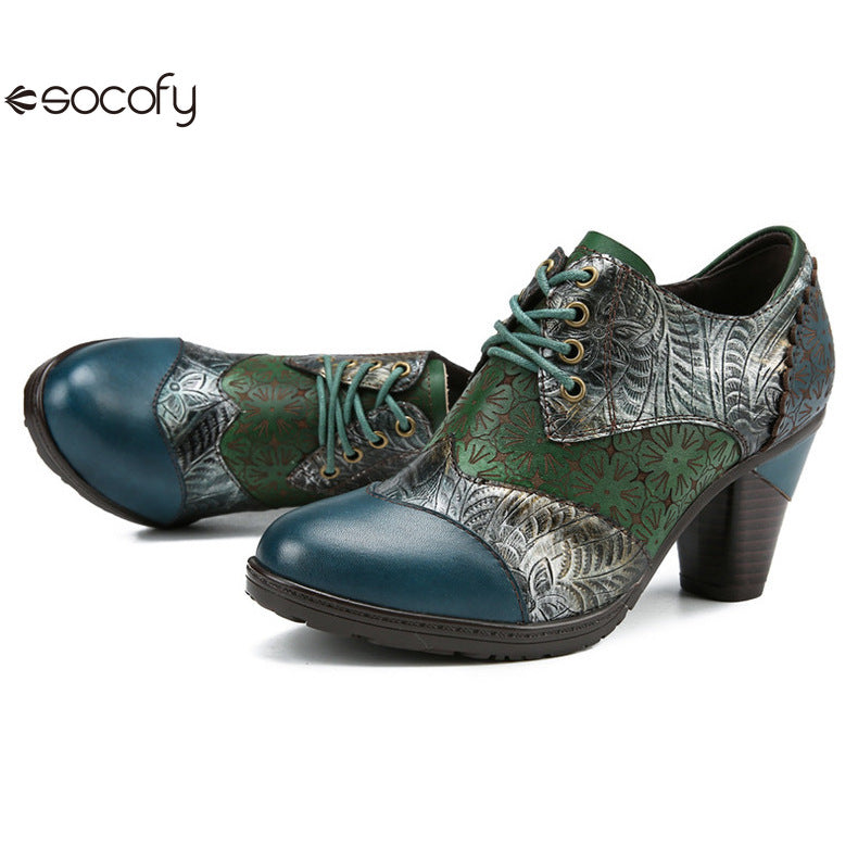 Socofy Genuine leather three-dimensional flower high heel pump