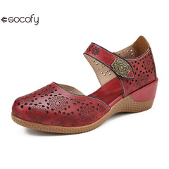 Socofy Genuine leather romantic three-dimensional flowers hollowed out sandals