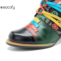 Socofy Vicconfy Handmade Genuine Leather Printed Patchwork Colorful Strappy Chunky Heel Women's Boots