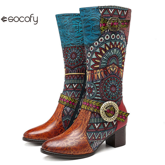 Socofy pointed-toe adhesive-soled high-top cowhide bohemian ethnic style fashion boots 1000