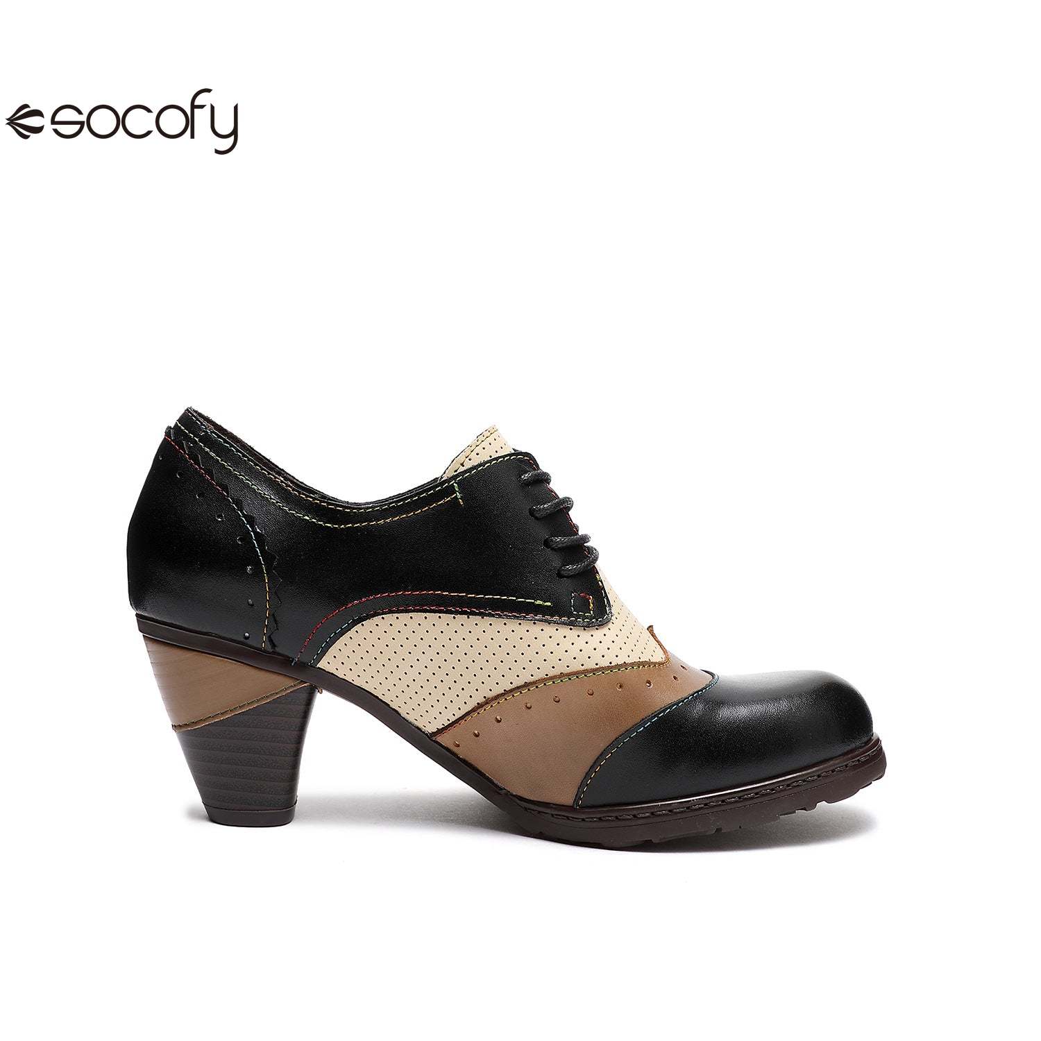 Socofy Thick-heeled retro ethnic style low-top round-toe women pumps