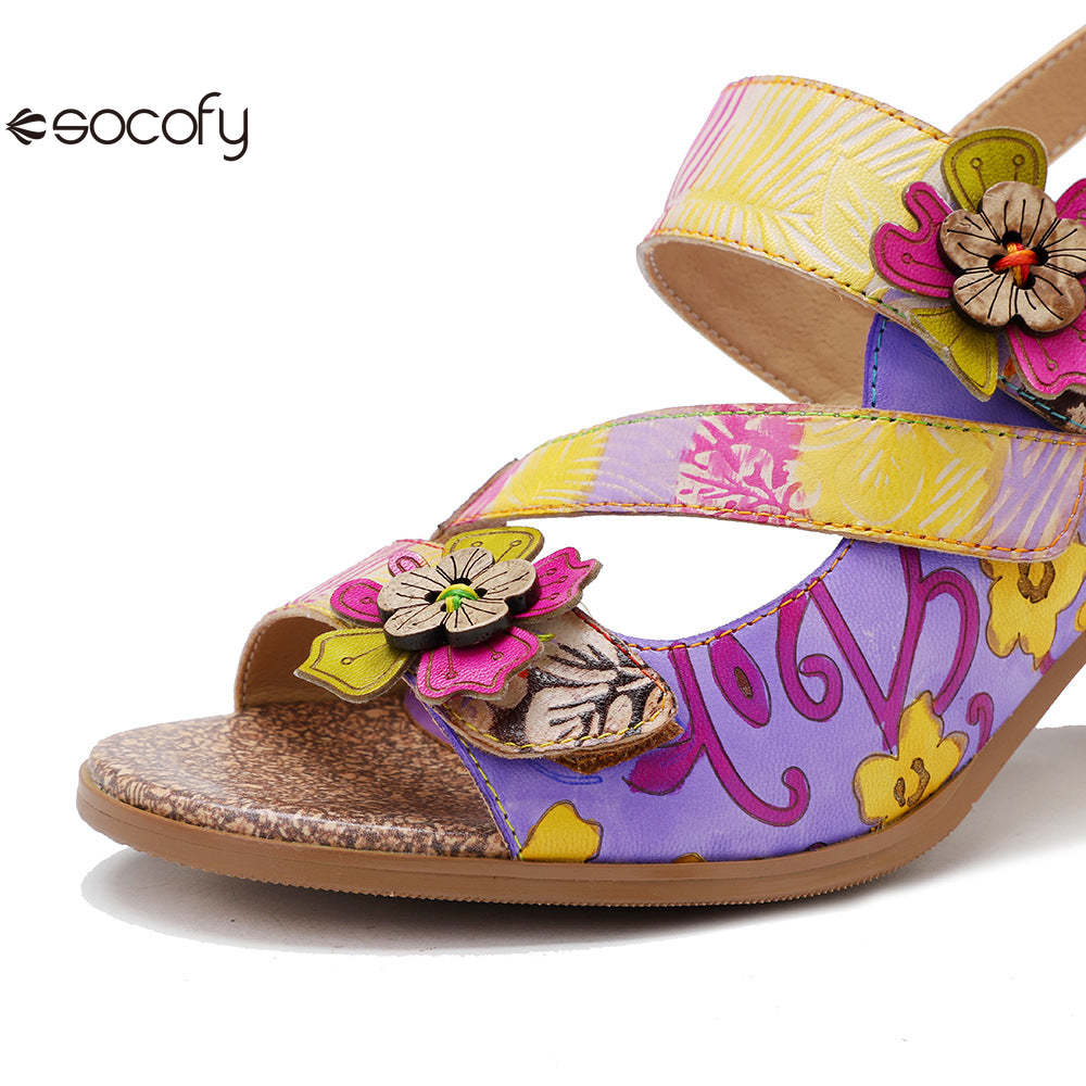 Socofy new summer style genuine leather retro three-dimensional flower rainbow and wine glass sandals for women