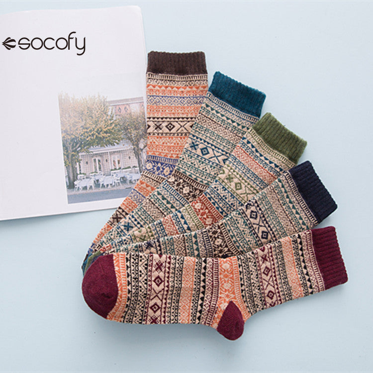 Socofy Vicconfy Winter Vintage Thickened Warm Ethnic Wool Socks