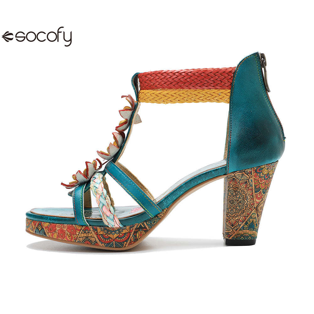 Socofy summer genuine leather braided retro fashion high-heeled women's sandals