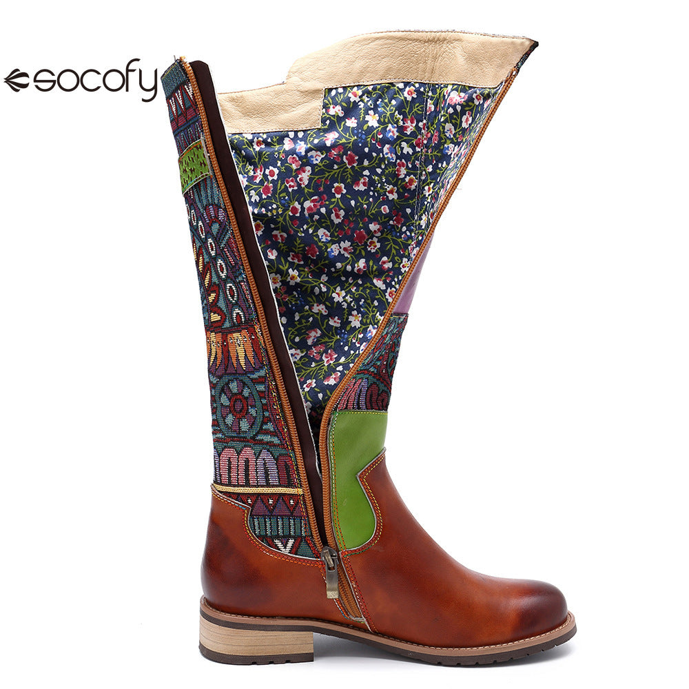 Socofy Vicconfy Genuine Leather Vintage Patchwork Long Warm Boots