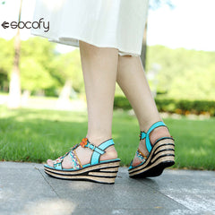 Socofy summer genuine leather bohemian style comfortable wedge sandals for women