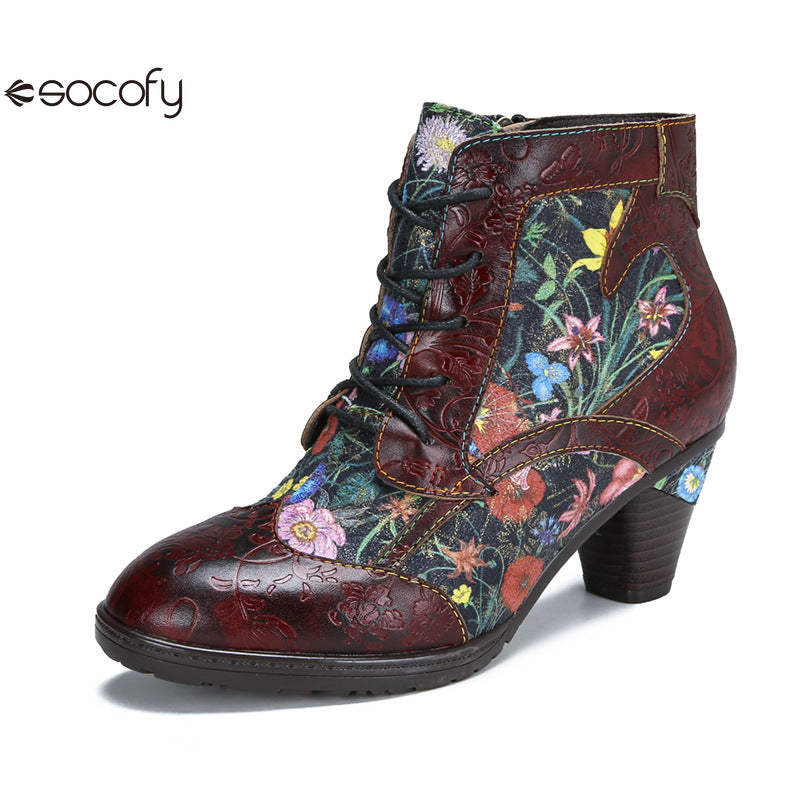 Socofy Vicconfy Vintage Floral Cowhide Ethnic Women's Leather Boots