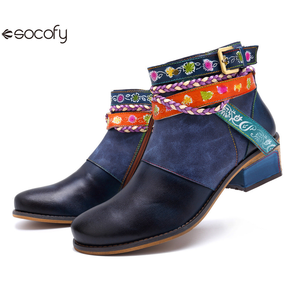 Socofy Vicconfy Genuine Leather Braided Strap Cowboy Style Women's Boots