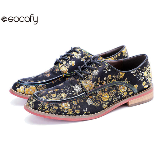 Socofy Genuine Leather Retro Flat Print Casual Lace-up Loafers Shoes 1000