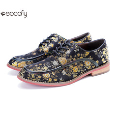 Socofy Genuine Leather Retro Flat Print Casual Lace-up Loafers Shoes