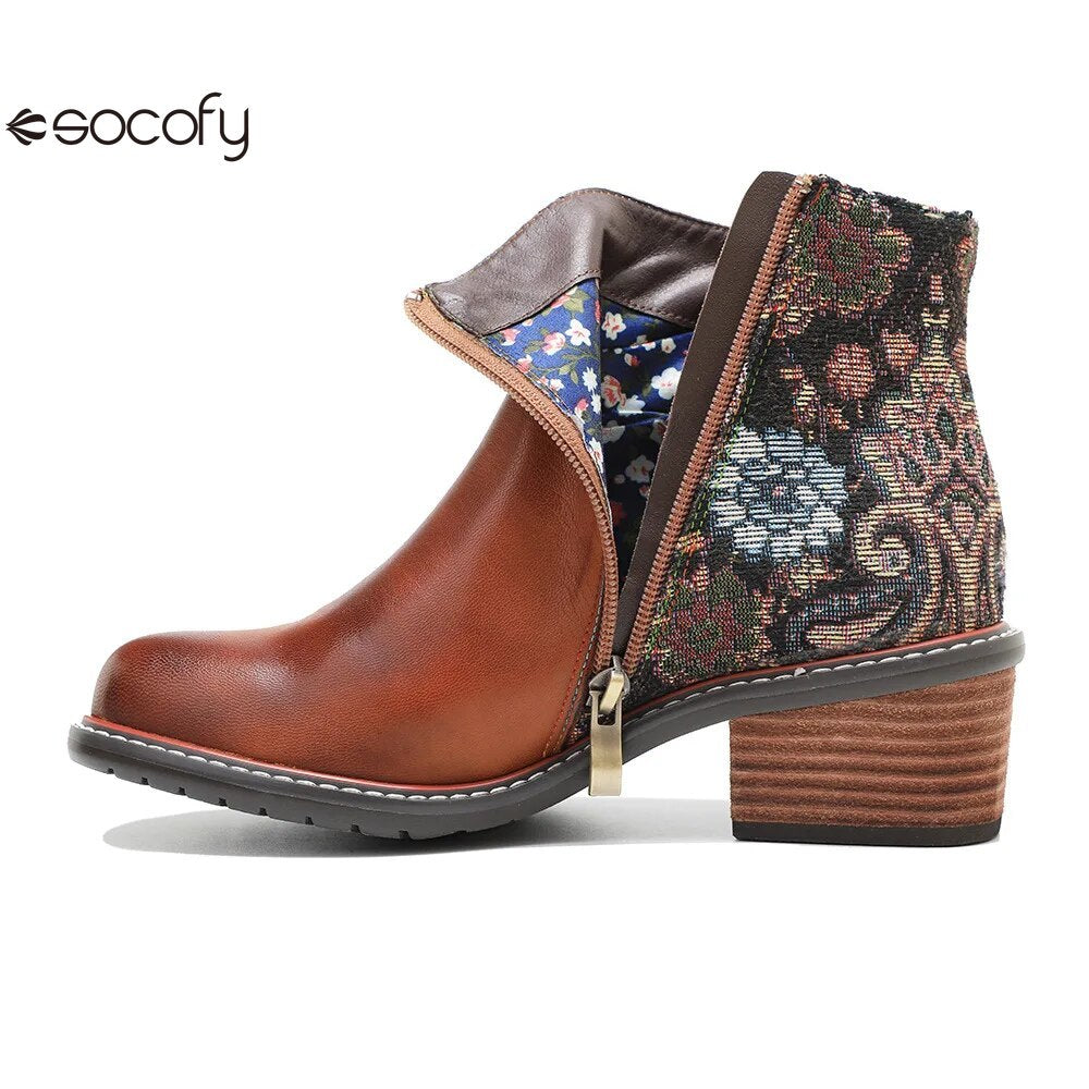 SOCOFY Winter New Round Toe Patchwork Handmade Ankle Boots