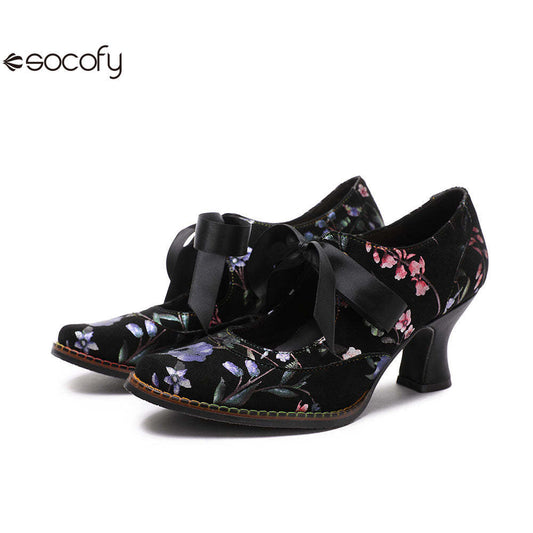 Socofy Flower Antique Style High Heel Round Toe Women's Shoes 1000