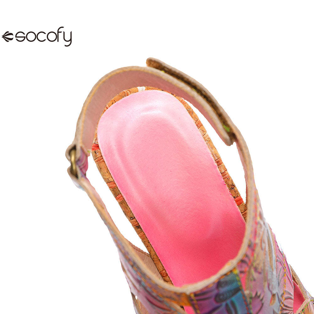 Socofy Summer ethnic style cowhide retro casual fish mouth women's sandals