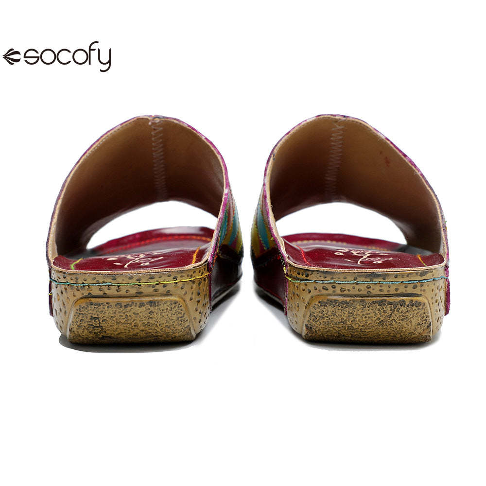 Socofy new summer style genuine leather retro plaid comfortable flat women's slippers