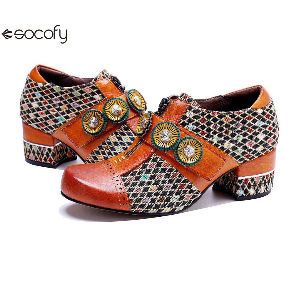 Socofy Genuine leather vintage plaid three-dimensional flowers pumps