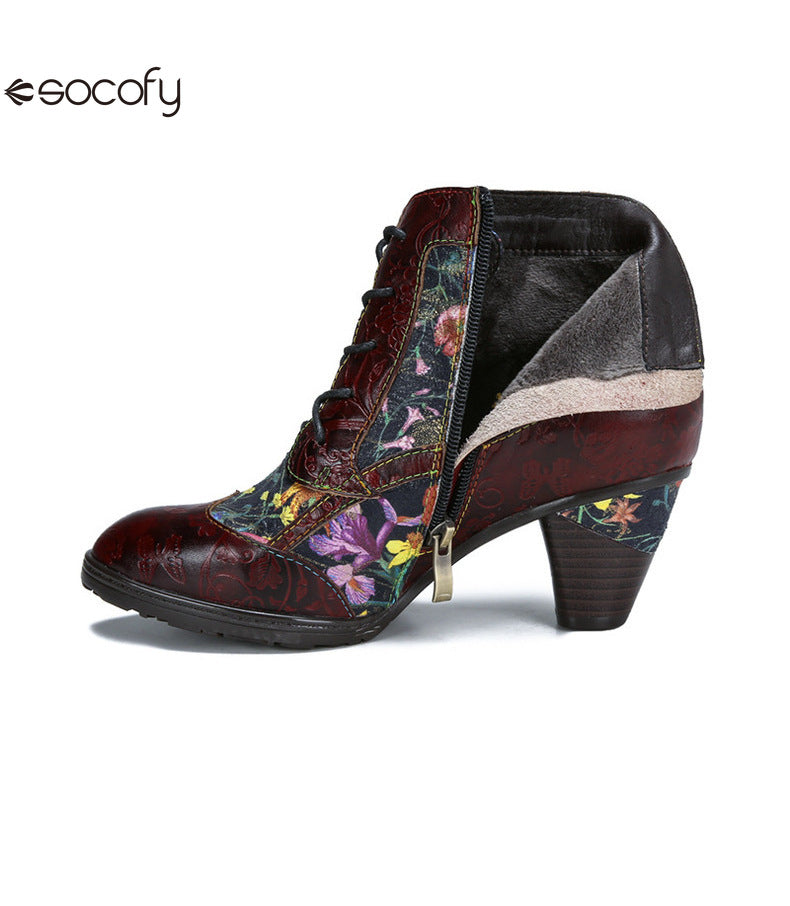 Socofy Vicconfy Vintage Floral Cowhide Ethnic Women's Leather Boots