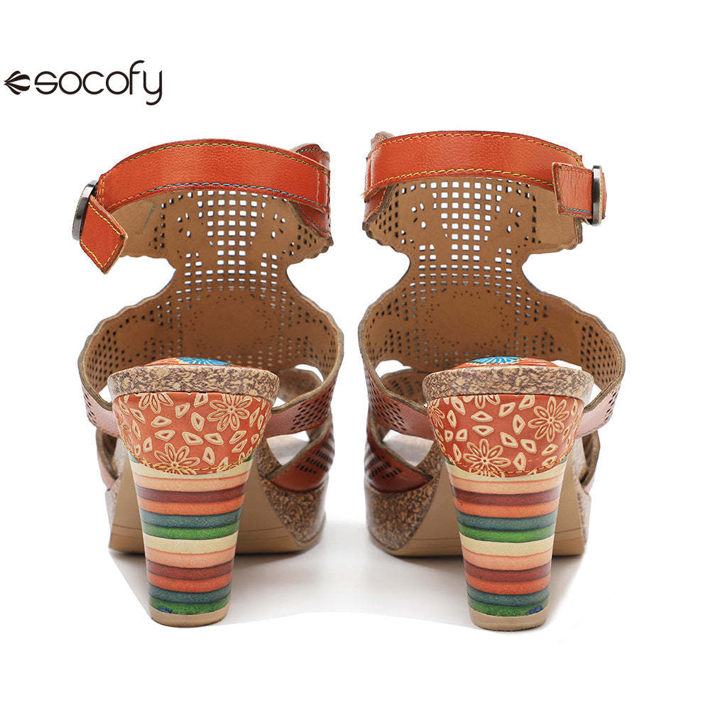 Socofy new retro genuine leather hollow color layer leather high heel sandals