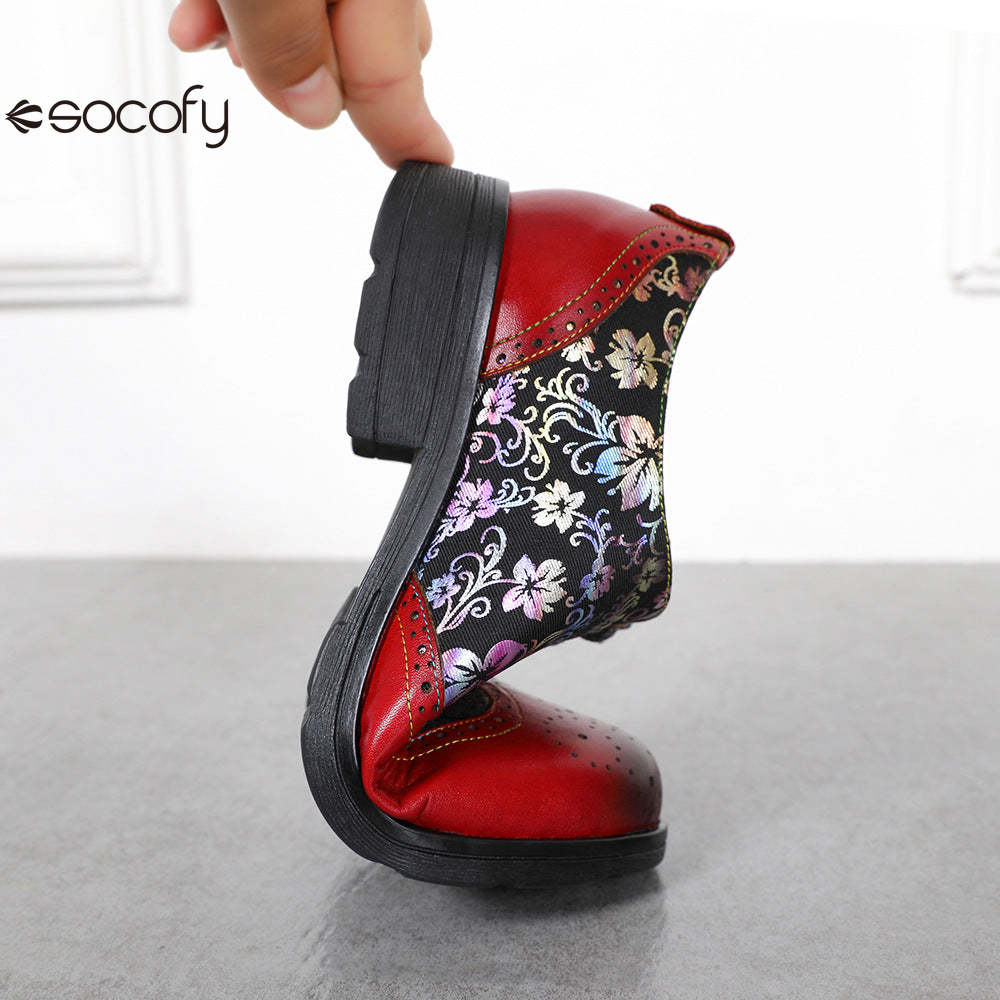 Socofy Ethnic style flower retro cowhide casual women's shoes