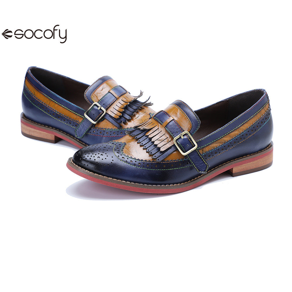 Socofy Genuine Leather Women's Retro Colorblocking Tassel Flat Comfort Loafers