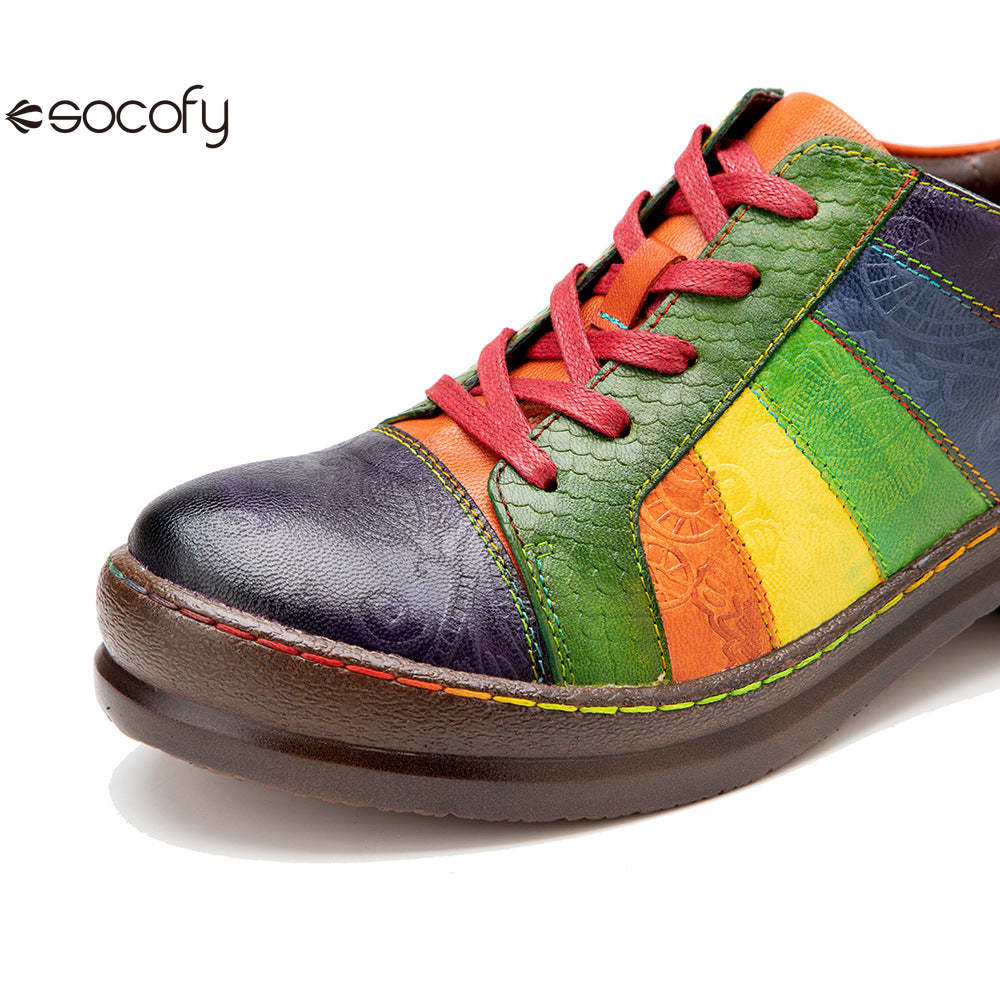 Socofy Colour Patchwork Genuine Leather Women's Flat Shoes