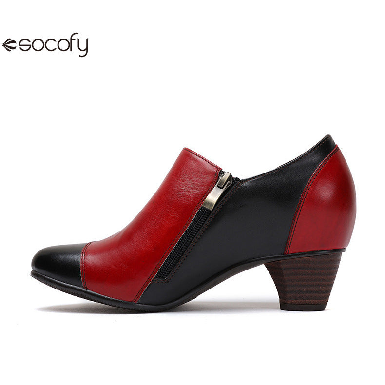 Socofy Vicconfy Genuine Leather Ethnic Style Handmade Vintage Literary Buckle Heels