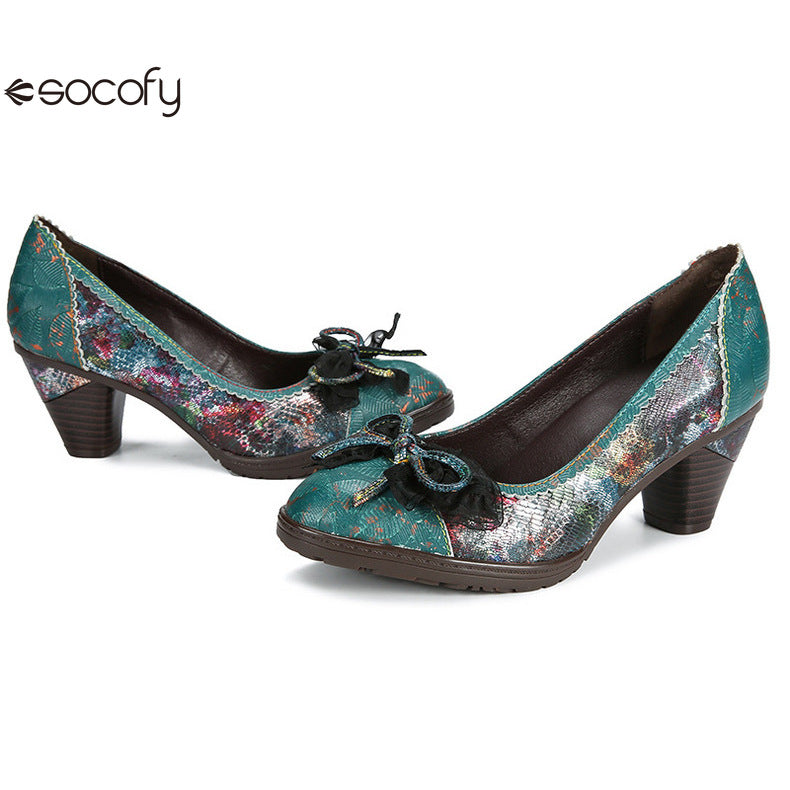 Socofy Vicconfy Genuine Leather Bow High Heels Shoes