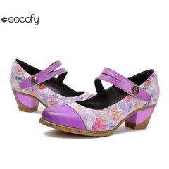 Socofy Vicconfy Genuine Leather Ethnic Vintage Style High Heeled Shoes