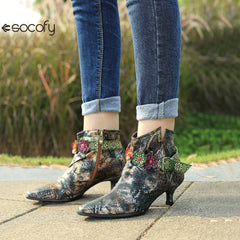 Socofy Retro British style metal texture low heel women's short boots