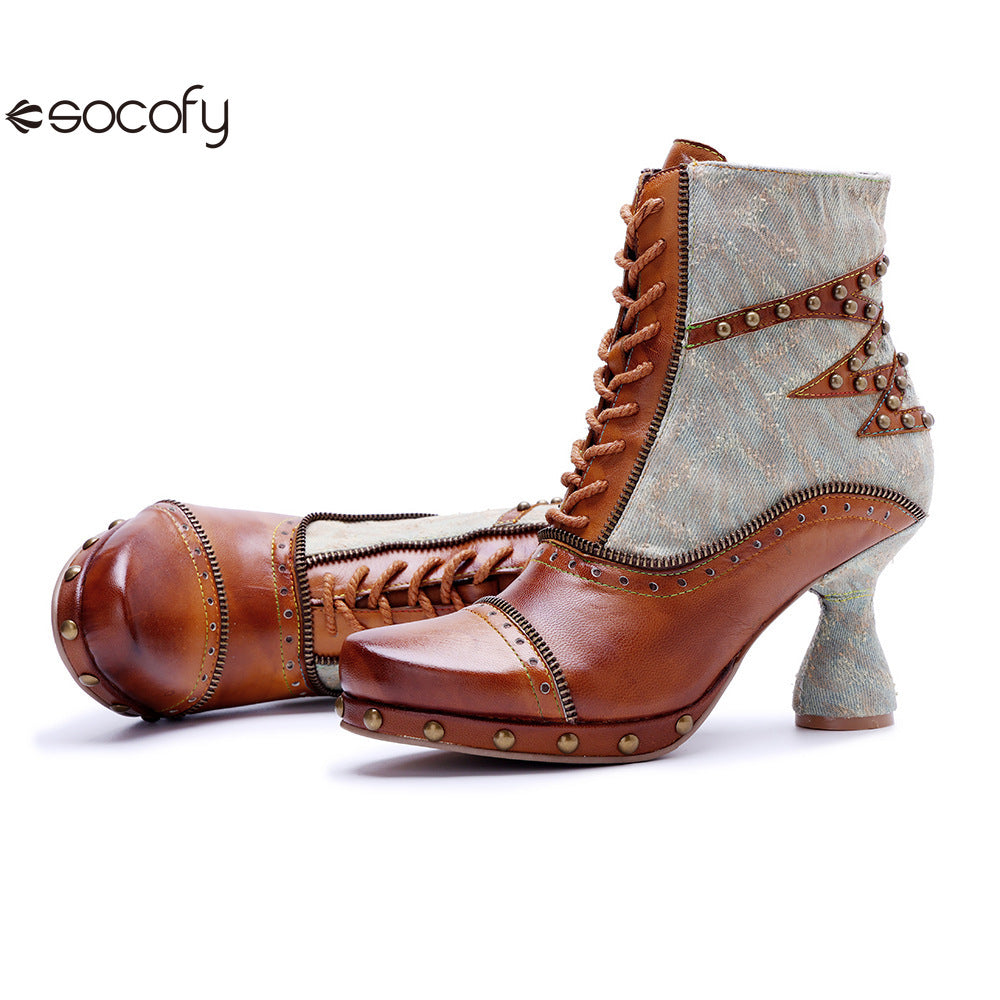 Socofy Vicconfy Retro Handmade Pachwork Fashionable Ankle Boots