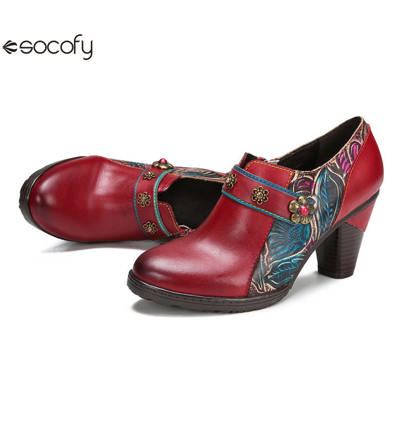 Socofy Vicconfy Genuine Leather Flower Buckle Side Zipper Pumps